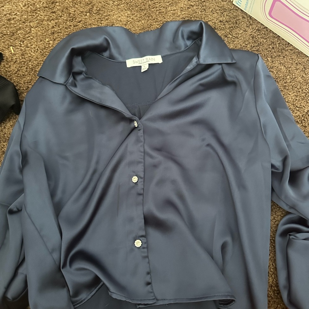 Sweet Rain Blue Button Down Shirt Relaxed Notched Collar